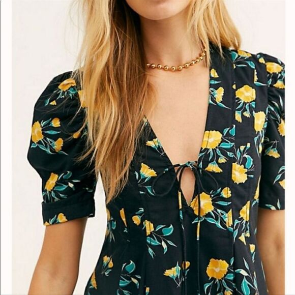 NWT Free People Adelle Floral Printed Mini Dress Tunic with Puff Short Sleeves - Picture 8 of 12